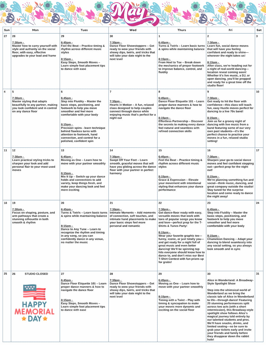 Arthur Murray Cary Group Class Calendar